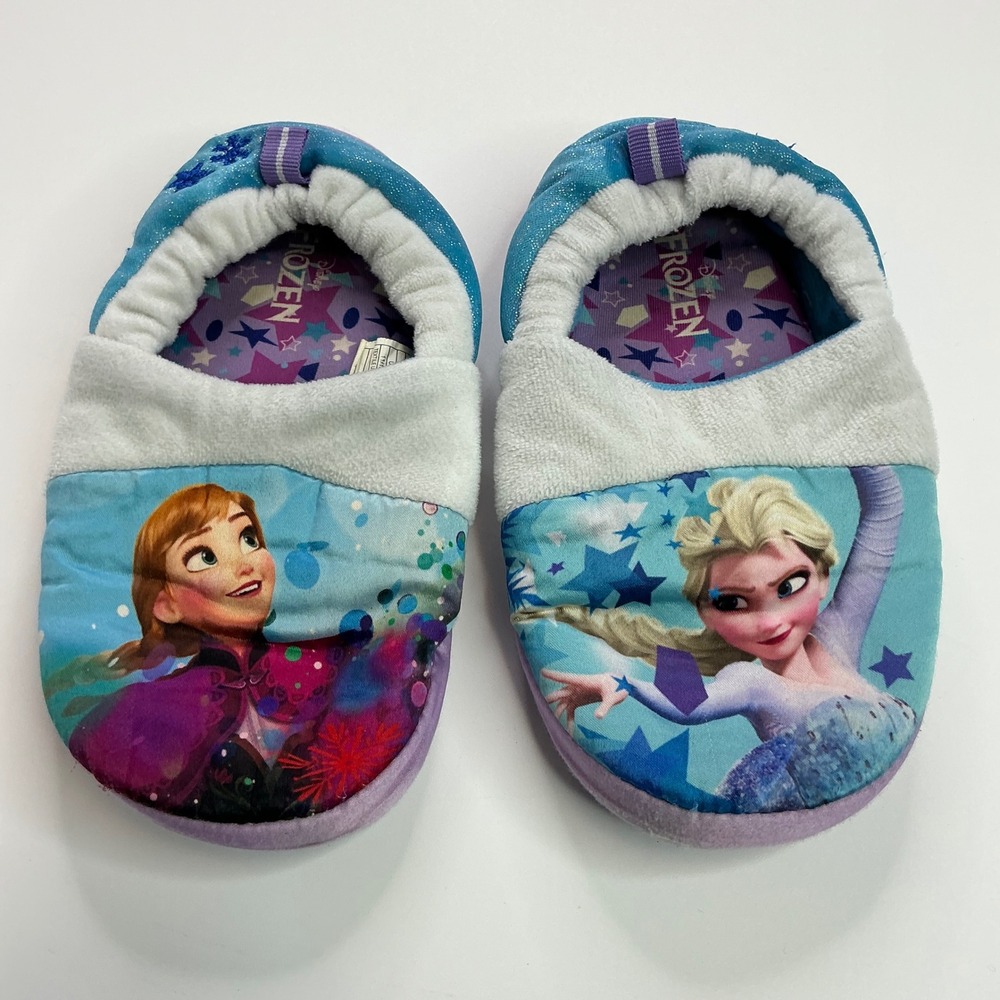 Disney Blue Frozen Slippers Kids 11/12 Anna Elsa Sparkle House Shoes